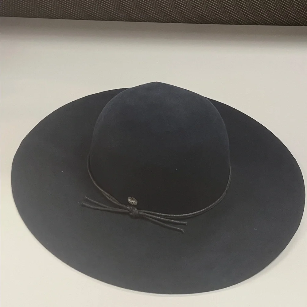 Chic Deep Navy Blue with Black Cord Wide-Brim Wool boho Hat
